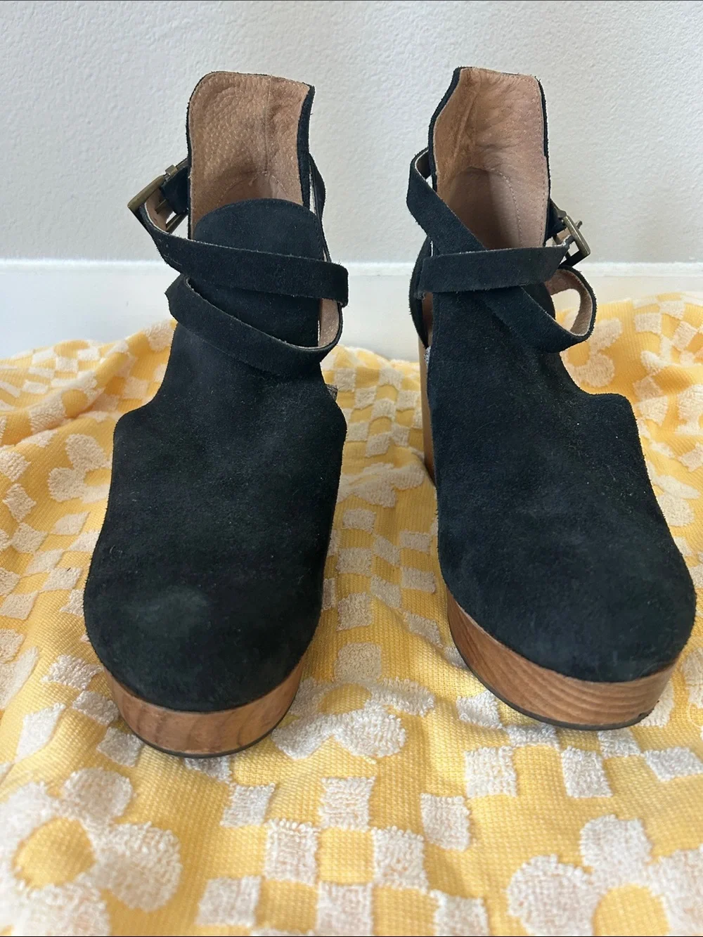 Free People Black Suede Platform Clogs with Wood-Look Heel